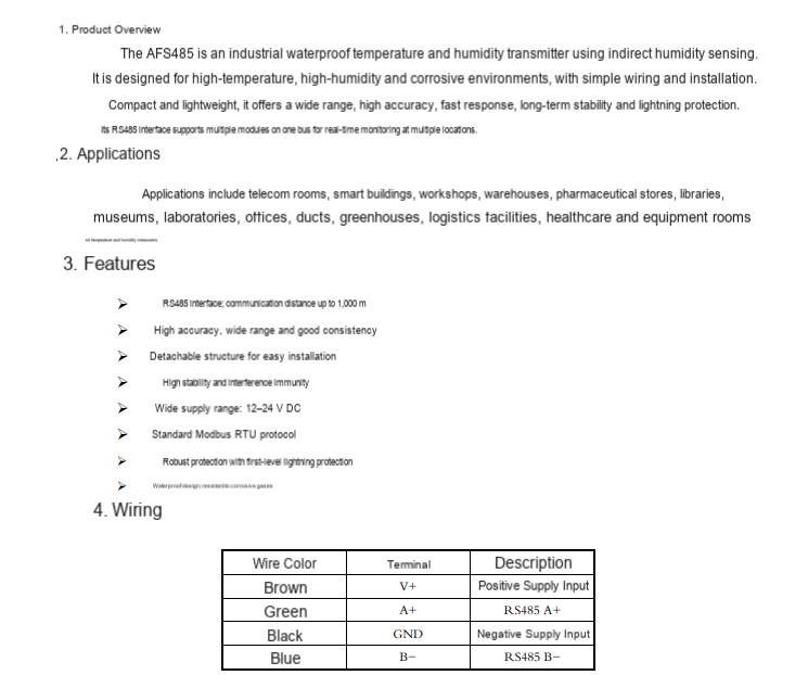 AFS485 Waterproof Temperature and Humidity Transmitter — manufacturer information 1
